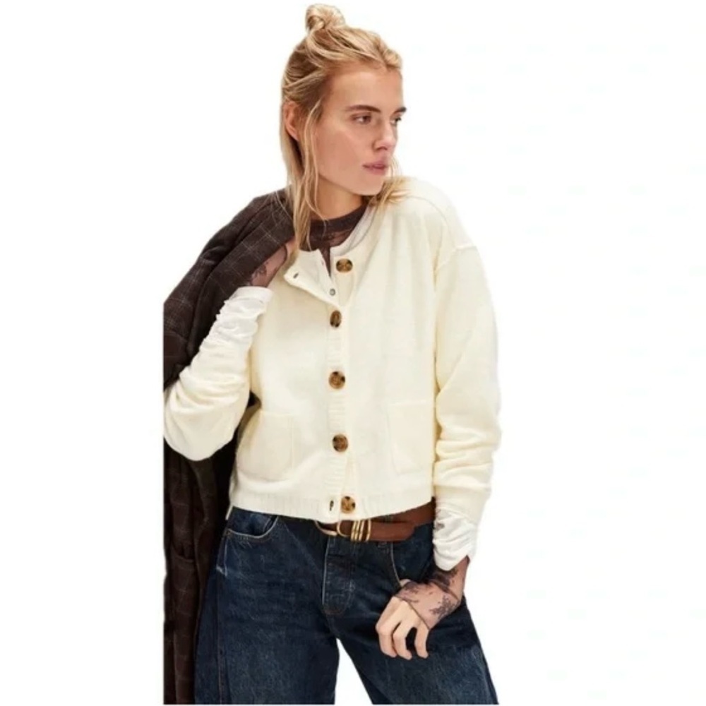 Free People Luna Buttoned Cardigan, Size L, Color Coconut Milk (Cream)